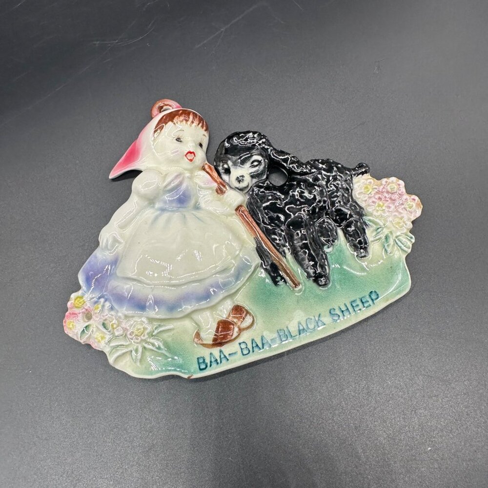 Vintage Nursery Rhyme Wall Plaque Baa Baa Black Sheep Norcrest Japan 50s Kitschy